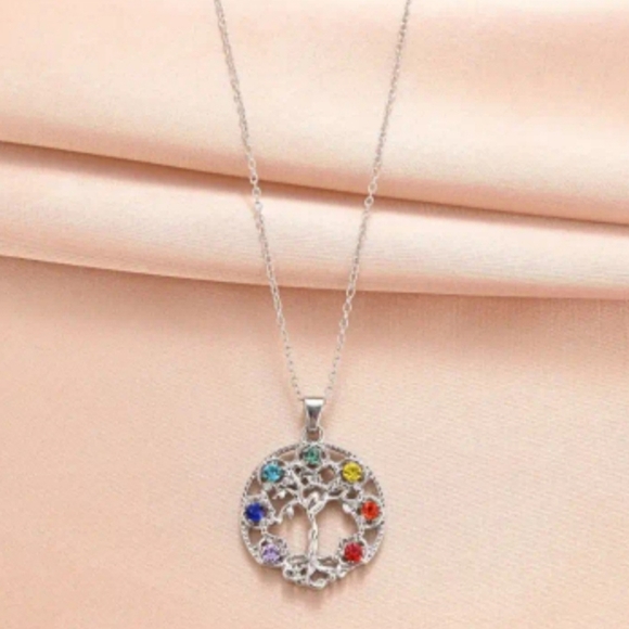Silver Tree of Life 7 Chakra Rainbow Pendant Necklace, New In Packaging - Picture 1 of 5